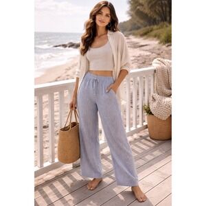 Blue Island Beach Pants Womens L Blue White Stripe Drawstring Coastal Boho